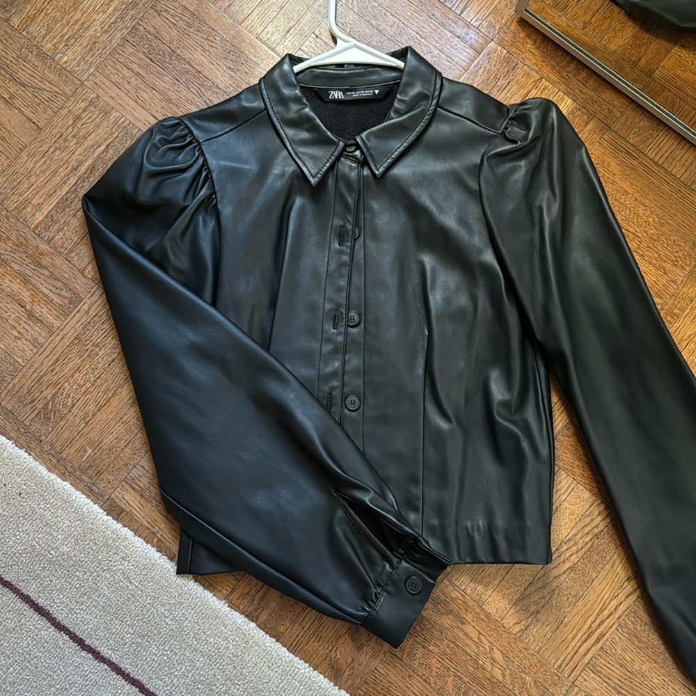 Zara vegan leather button down top
